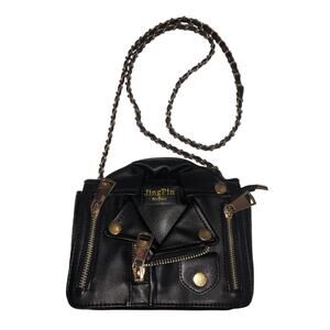 JingPin NvBao Moto Jacket Bag Black Faux Leather Chain Strap Crossbody Gold
